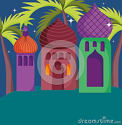 Cityscape arabian towers palm desert night stars Vector Illustration