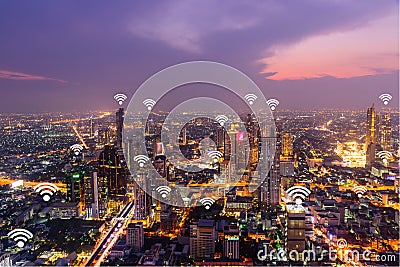 Cityscape of Bangkok with added generic wifi signals Stock Photo