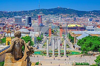 Cityscape of Barcelona with aerial view of Placa d`Espanya or Spain square with Torres Venecianes Venetian towers Editorial Stock Photo