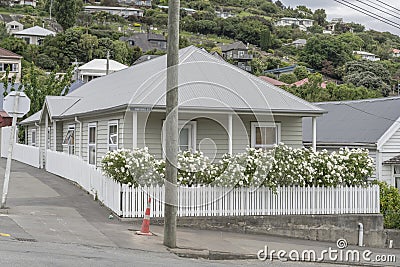 Blossoming sundeck of traditional house on uphill street at Lyttleton, Cristchurch, New Zealand Stock Photo