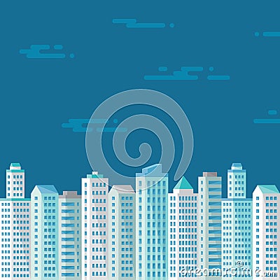 Cityscape on the blue background in flat style for presentation, booklet, leaflet and different design works. Vector Illustration