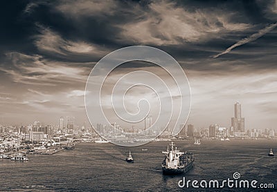 Cityscape of boats in port Stock Photo