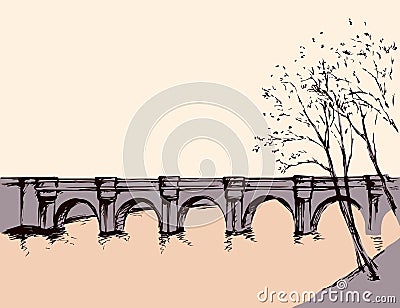 Cityscape with bridge over river. Vector drawing Vector Illustration