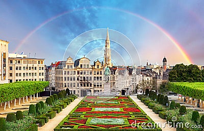 Cityscape of Brussels with rainbow, Belgium panorama skyline Stock Photo