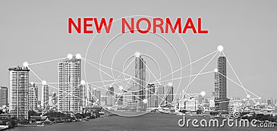 Cityscape and building in capital city with graphic communication network link with the red word new normal for coronavirus or cov Stock Photo