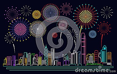 Cityscape Building Line Hong kong city and firework Vector Illustration design Vector Illustration