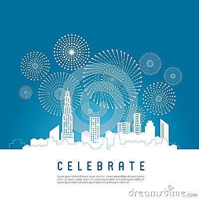 Cityscape with celebration fireworks Vector Illustration