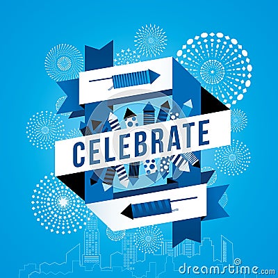 Cityscape with celebration fireworks Vector Illustration