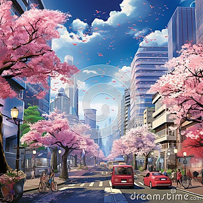 Cityscape Cherry Blossoms: A futuristic cityscape with vibrant cherry blossom trees lining the streets Stock Photo