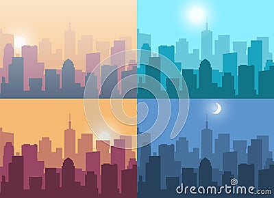 Cityscape. City view at night or at sunrise and sunset. Landscape with high buildings. Urban panorama in morning or Vector Illustration