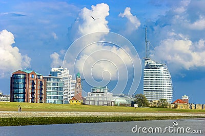 Cityscape coast and landscape dike panorama of Bremerhaven Germany Editorial Stock Photo