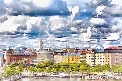 Cityscape colorful painting Baltic sea Helsinki Finland. Stock Photo