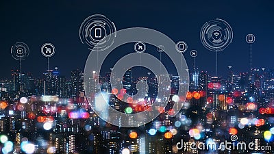 Cityscape with connecting dot technology of smart city conceptual Stock Photo