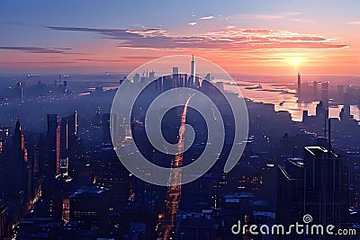 Cityscape at dawn with soft morning light casting long shadows across the skyline Stock Photo