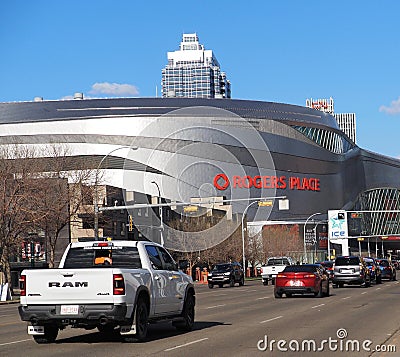 Cityscape Of Downtown Edmonton And Rogers Place Editorial Stock Photo