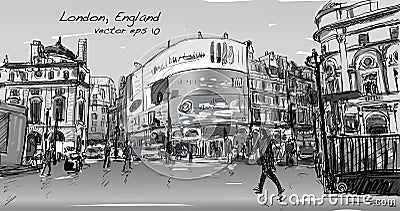 Cityscape drawing sketch in London England, show walk street at Vector Illustration