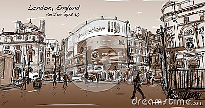 Cityscape drawing sketch in London England, show walk street Vector Illustration