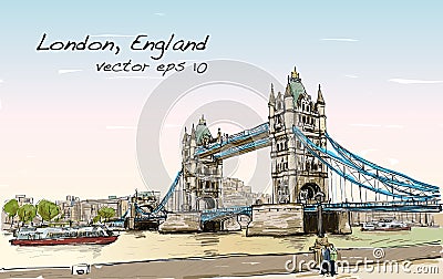 Cityscape drawing sketch Tower Bridge, London, England Vector Illustration