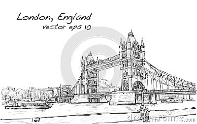 Cityscape drawing sketch Tower Bridge, London, England Vector Illustration