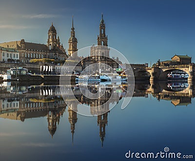Cityscape of Dresden at Elbe River and Augustus Bridge, Dresden, Saxony, Germany Stock Photo