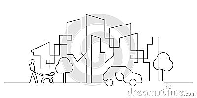 cityscape ecology lifestyle scene in continuous line drawing Vector Illustration