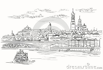 Cityscape of embankment of Kremlin towers and bridge across Moscow river Red Square, Moscow, Russia isolated vector hand drawing Vector Illustration