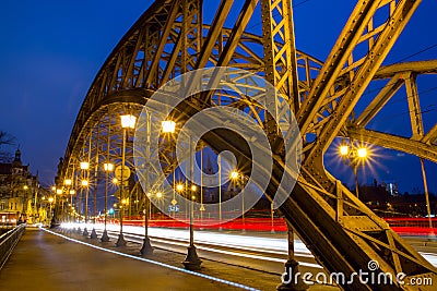 Cityscape - evening view on bridge with lights moving vehicles, the Zwierzyniecki Bridge eastern part of Wroclaw Stock Photo