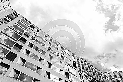 Cityscape facade detail in infrared black and white, on a cloudy day Stock Photo