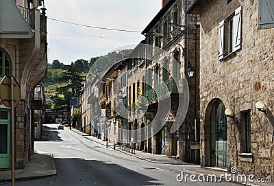 Cityscape of Figeac after crossing river of Le Cele France Editorial Stock Photo