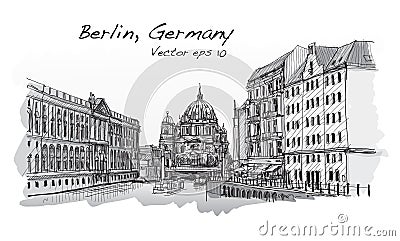 Cityscape in Germany. Berlin Cathedral. Old building hand drawn Vector Illustration