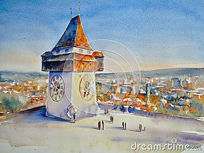 Grazer Uhrturm watercolors painted Stock Photo