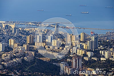 The Cityscape of Haifa At Sunset, Haifa Downtown Aerial View, Israel Stock Photo