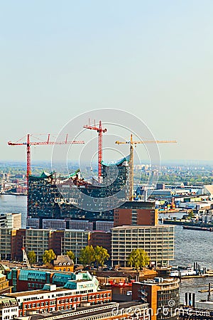 Cityscape of Hamburg from the famous tower Michaelis with view to the Elb Philharmonie Editorial Stock Photo