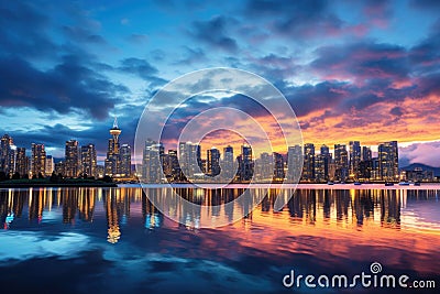 Cityscape of Hong Kong at sunset with reflection in the water, Beautiful view of downtown Vancouver skyline, British Columbia, Stock Photo
