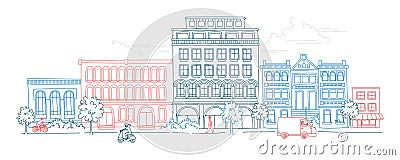 Cityscape, houses, buildings, street with pedestrians, traffic. Horizontal pattern border Vector Illustration