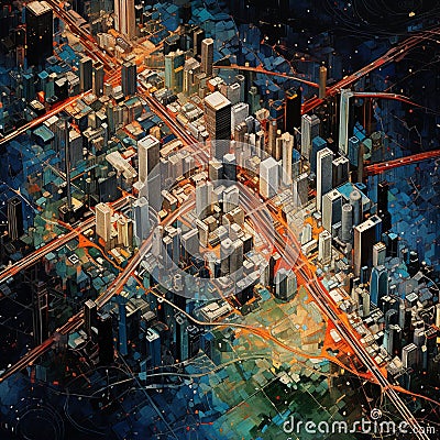 Cityscape Illuminated by Satellite Imagery Stock Photo