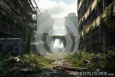 A cityscape image featuring decaying buildings, overgrown vegetation, and a sense of abandonment, illustrating the theme of urban Stock Photo