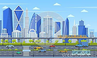 Cityscape infrastructure. Modern city architecture cityscape, urban town panoramic view, subway train, traffic city road Vector Illustration