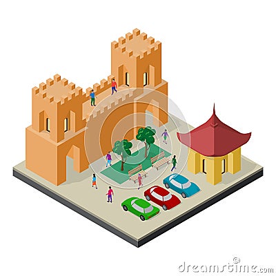 Cityscape in isometric view. Fortress wall, benches, trees, parking, cars and people Vector Illustration