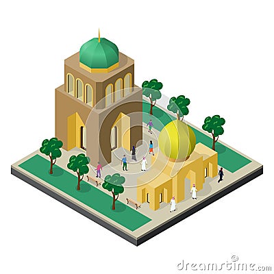 Cityscape in isometric view. Temple, urban building, alley with trees, benches and people Vector Illustration