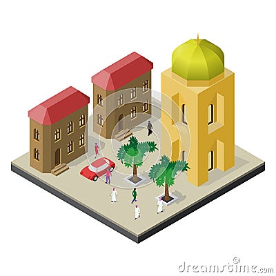 Cityscape in isometric view. Temple, urban buildings, trees, car and people Vector Illustration