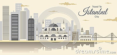 Cityscape of Istanbul with Suleymaniye Mosque Ottoman imperial mosque with Bosphorus Bridge, Fatih Sultan Mehmet Bridge. Vector Illustration