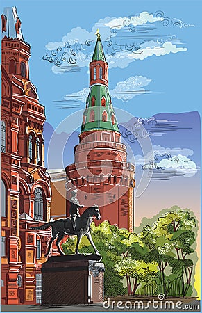 Cityscape of Kremlin tower, State Historical Museum and Monument to Marshal Zhukov Red Square, Moscow, Russia. Colorful isolated Vector Illustration