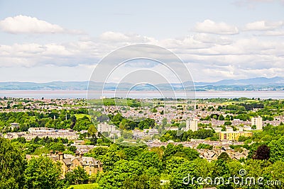 The cityscape of Lancaster, with Morecambe Bay viewed from the Ashton Memorial in Williamson Park Editorial Stock Photo