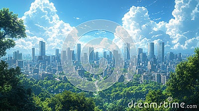 Cityscape with Lush Greenery and Blue Sky Generative AI Stock Photo