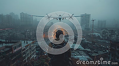 Cityscape with man and low-flying airplane, army dron. War concept. Dramatic Stock Photo