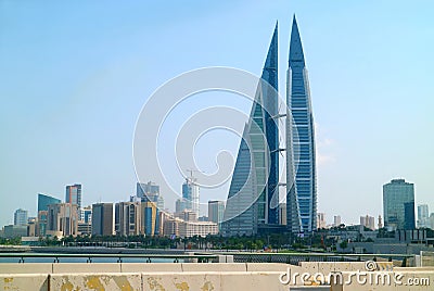 Cityscape of Manama with Incredible Bahrain World Trade Center or BWTC Building, Kingdom of Bahrain Editorial Stock Photo