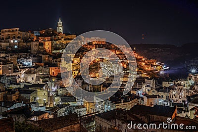 Night cityscape of Matera Sasso Caveoso district, Basilicata, Italy Stock Photo