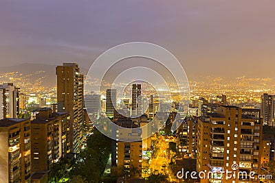 Cityscape of Medellin at night, Colombia Stock Photo