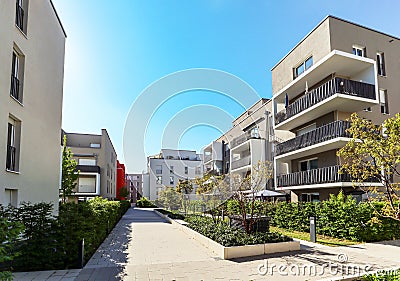 Cityscape with modern apartment buildings in a new residential area in the city, Concept for construction industy, estate agent Stock Photo